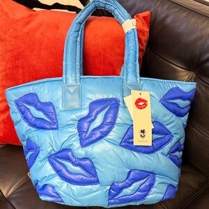 Wild fox Turquoise and Blue Quilted Tote Bag with Lip Design
